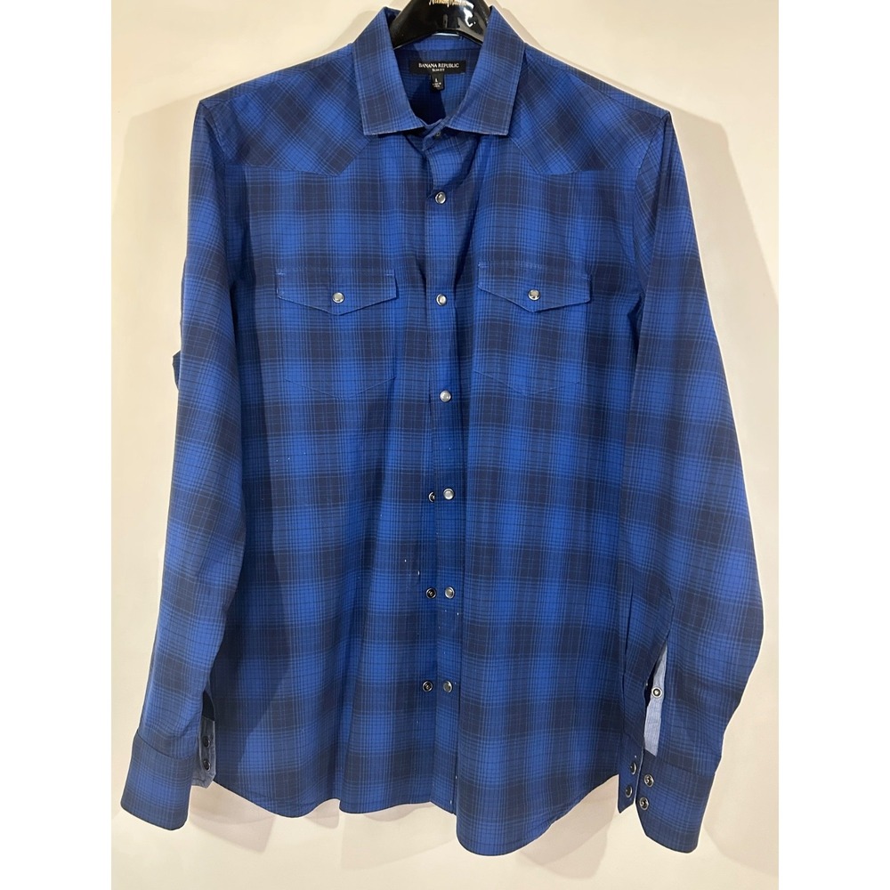 Banana Republic Men's Slim Fit Large Blue Plaid Pearl Snap Western Shirt
